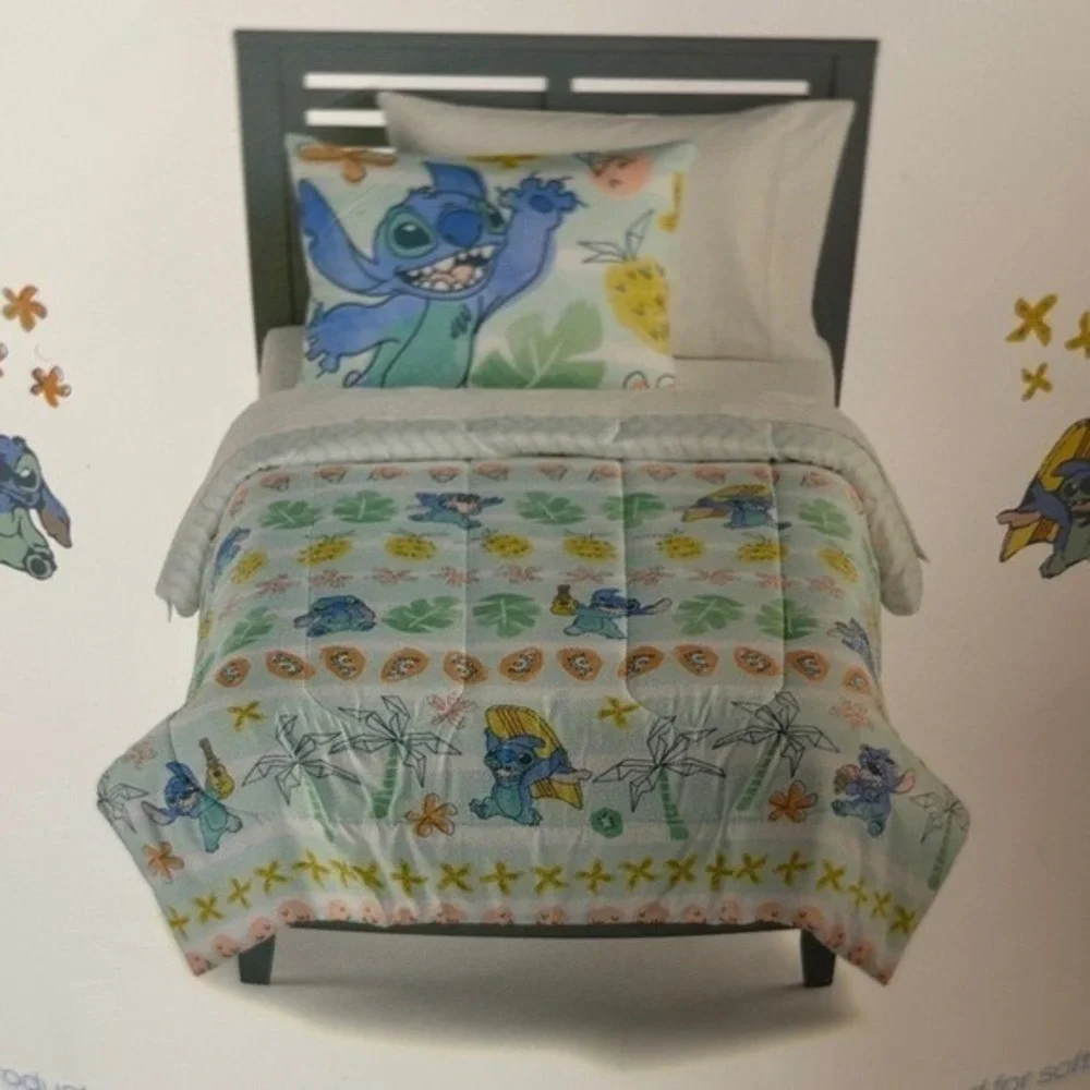 Disney Stitch Full Queen 3 Piece Comforter Tropical Funny Faces Big Kids NEW
